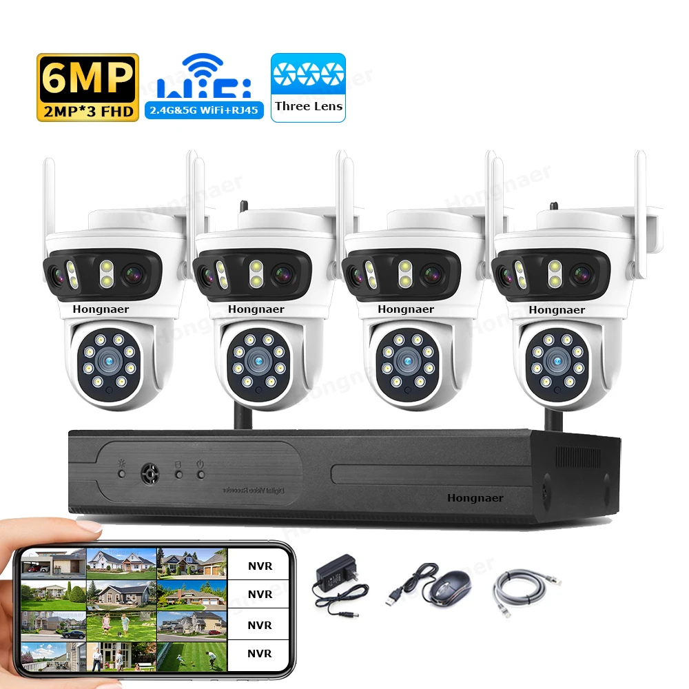 Home Security Wireless Camera - 2026 Hongnaer 6MP 4CH 3 Lens